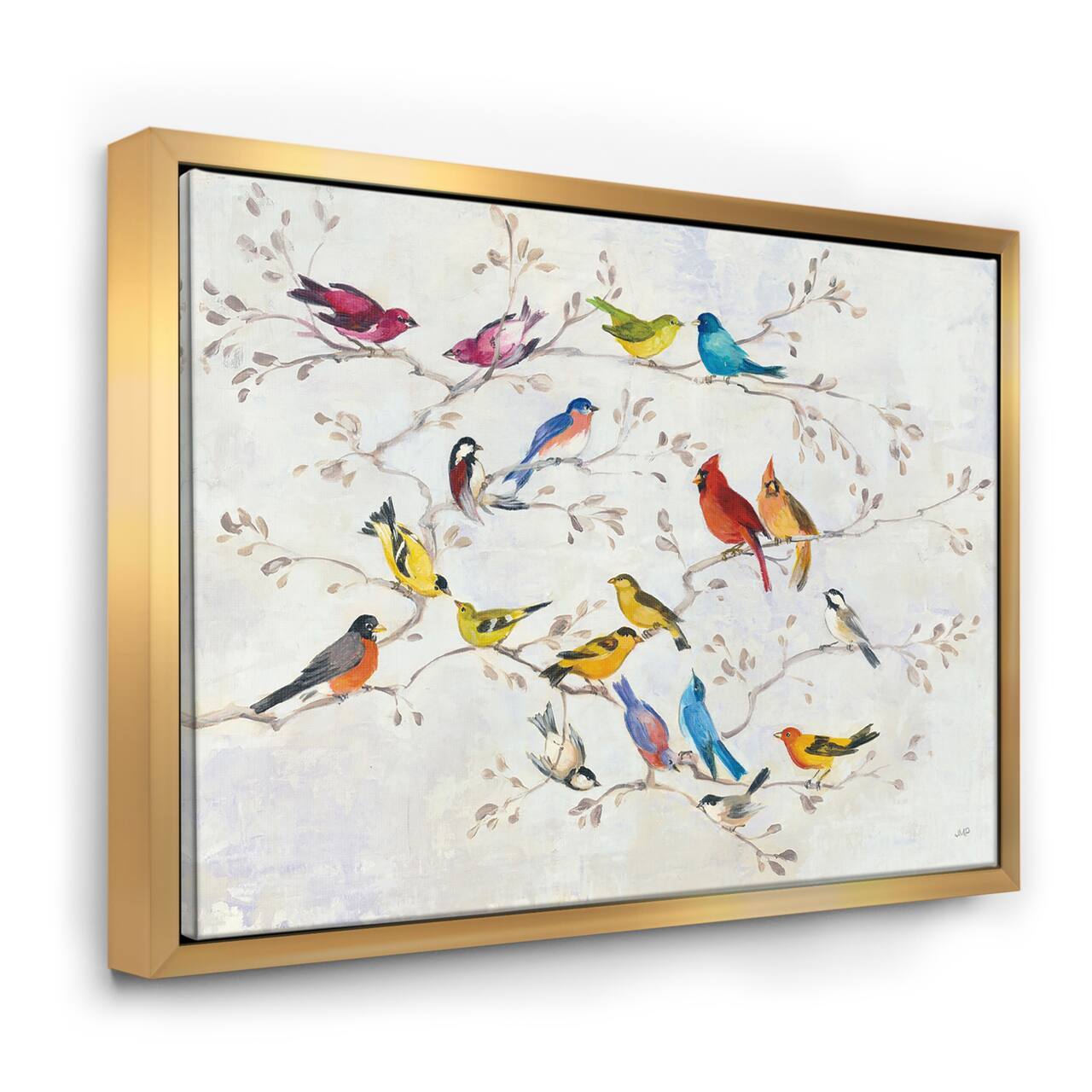Designart - Multi-Color Bird on Tree - Modern Farmhouse Canvas in Gold Frame